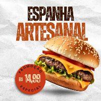 imagem Espanha - Pão Brioche, Carne Artesanal, Cheddar Cremoso, 1 Fatia de Queijo, Cebola Roxa, Alface, Tomate.