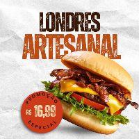 imagem Londres -  Pão Brioche, Carne Artesanal, Cheddar Cremoso, 1 Fatia de Queijo, Bacon, Cebola Roxa, Alface e Tomate