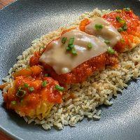 imagem R54.1) FILÉ DE FRANGO À PARMEGIANA + ARROZ INTEGRAL