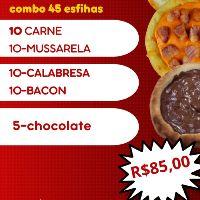 imagem 45 esfihas=            10 carne+  10 calabresa+   10 bacon +    10 queijo+  5 chocolate preto